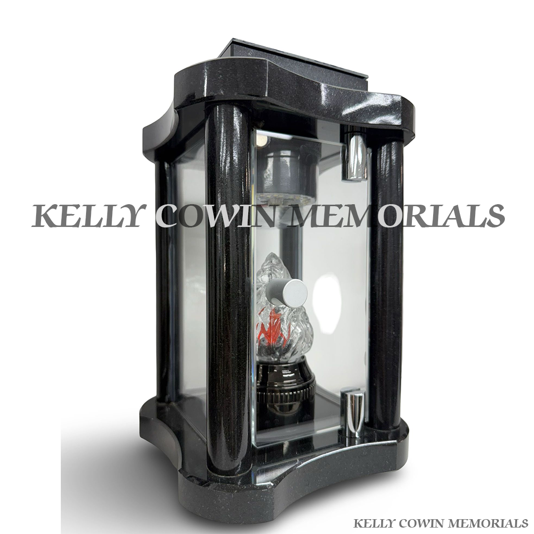 Front view of black granite hexagon solar lantern