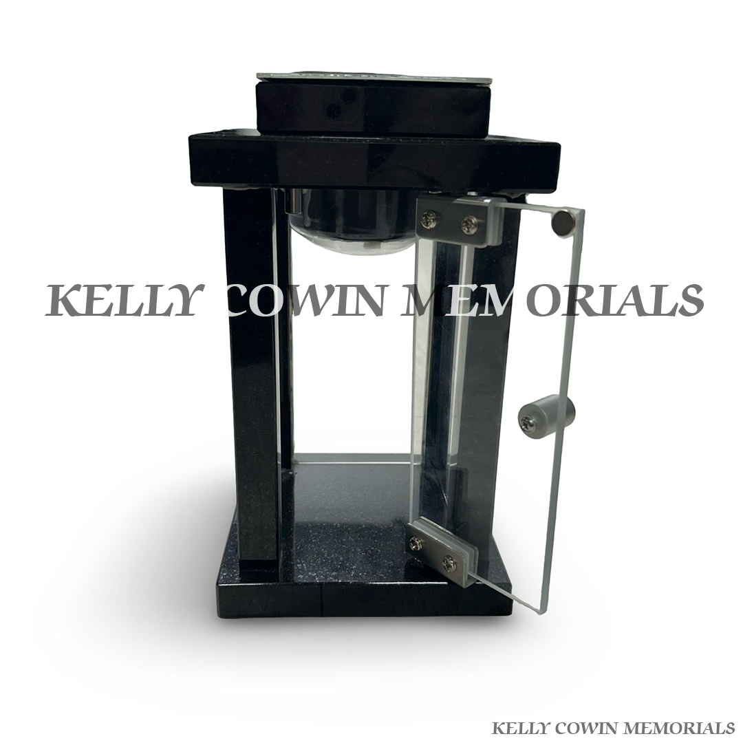 Front view of black granite square solar lantern