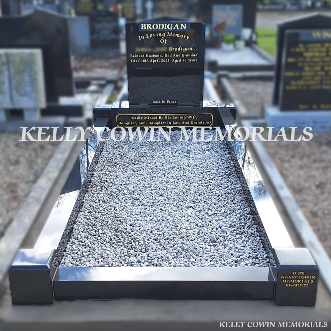 Front view of black granite square headstone with gold inscription in Fingal Cemetery
