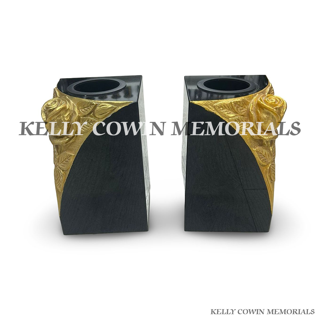 Front view of black granite square vase with gold leaf carved rose