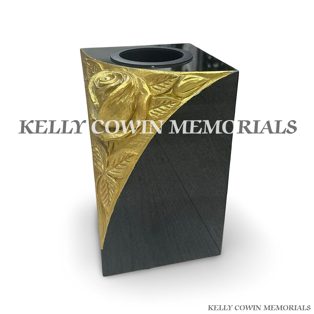 Front view of black granite square vase with gold leaf carved rose