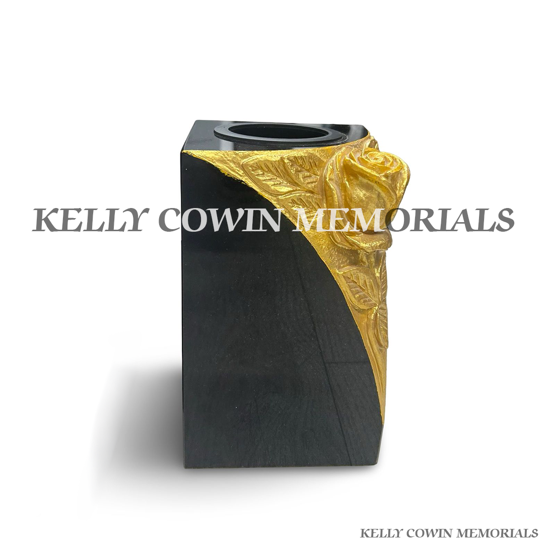 Front view of black granite square vase with gold leaf carved rose