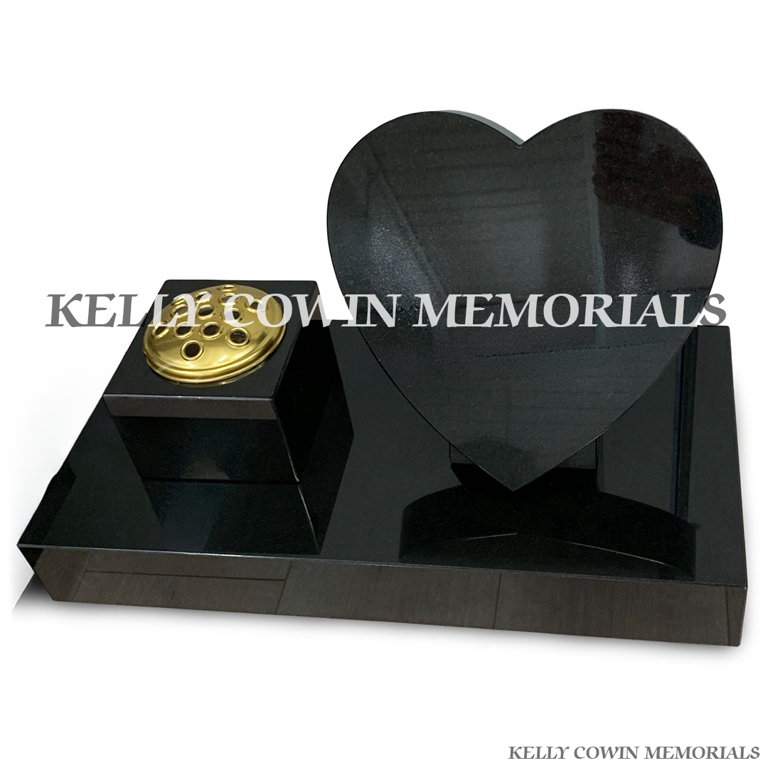 Front view of black granite vase and 12 inch heart on plinth with gold inscription
