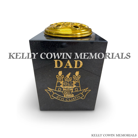 Front view of black granite vase with Dad inscription and Dublin crest