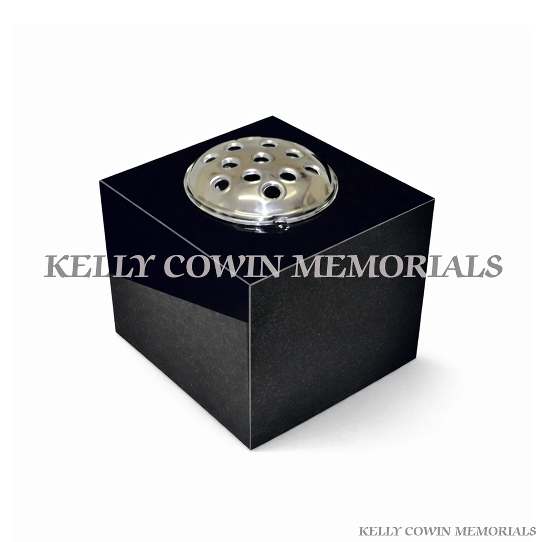 Black square shaped granite memorial vase for graves and headstones.