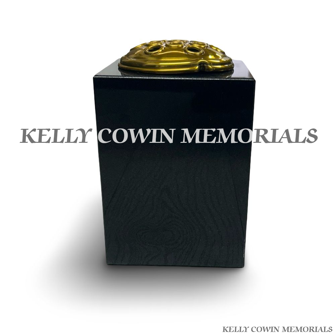 Back view of polished black granite square vase with gold lid