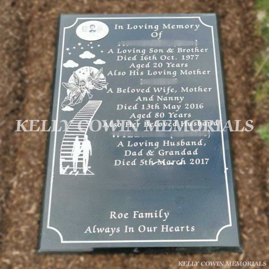 Black granite St Fintan’s style headstone with white inscription and ceramic photo in Sutton