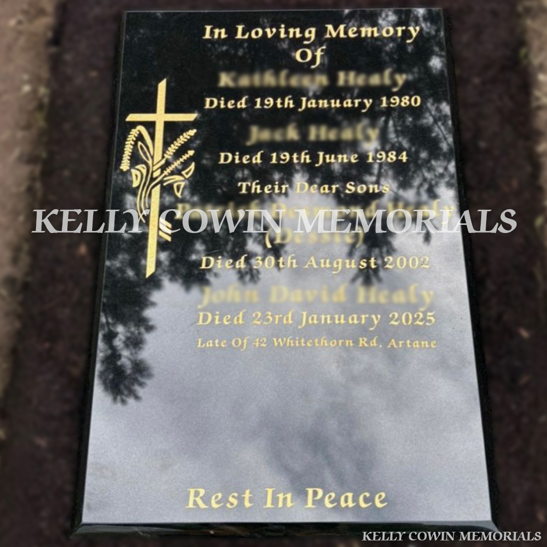 Black granite headstone with gold leaf inscription in St. Fintan’s Cemetery Sutton by Kelly Cowin Memorials