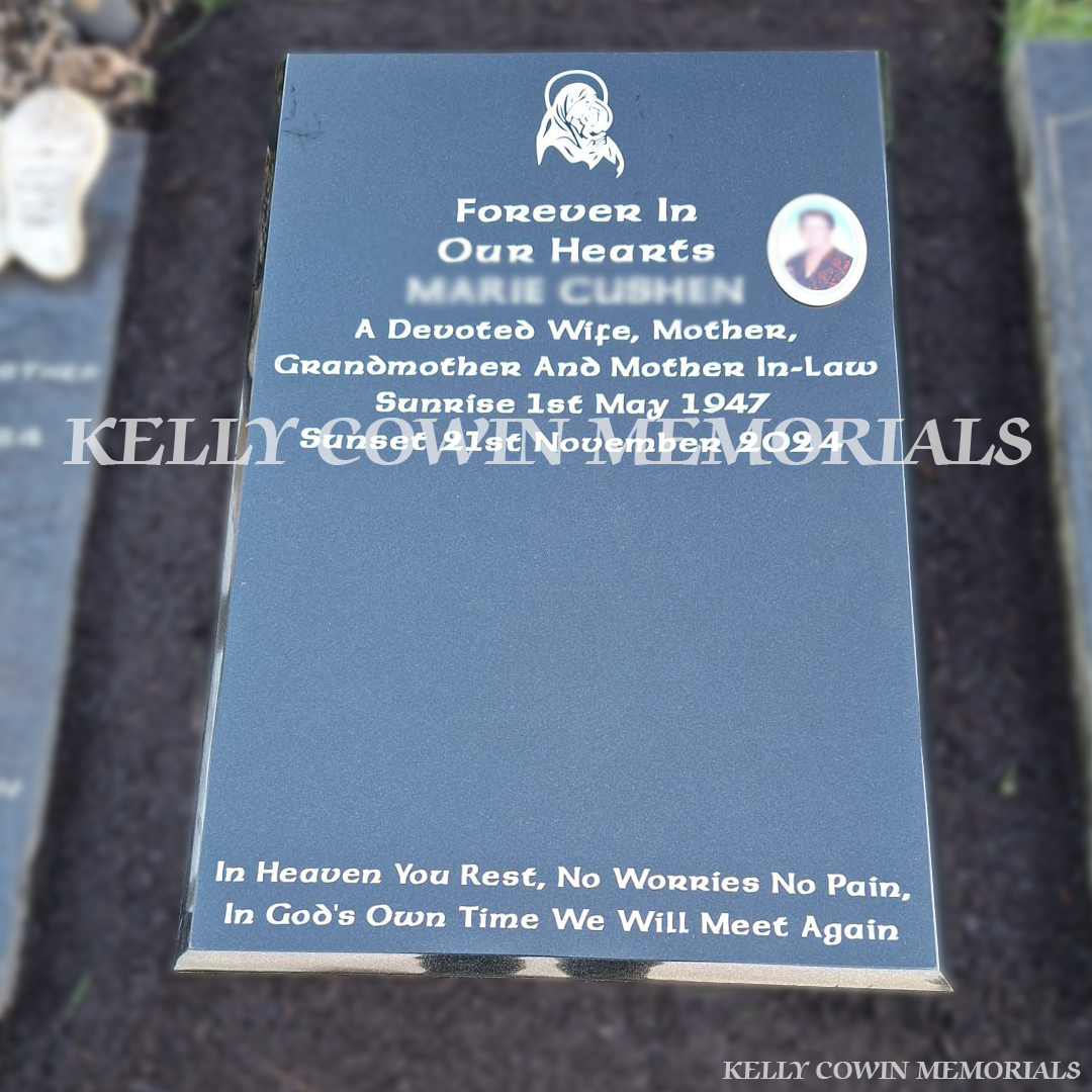 Black granite headstone with silver inscription and ceramic photo in St. Fintan’s Cemetery Sutton by Kelly Cowin Memorials