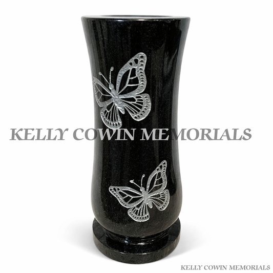 Polished black granite butterfly memorial vase with engraved butterfly design for grave flowers