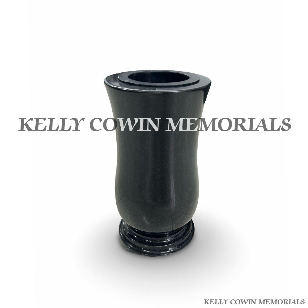 Front view of black granite large tall memorial vase