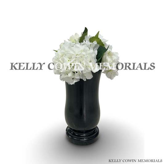 Front view of black granite large tall memorial vase