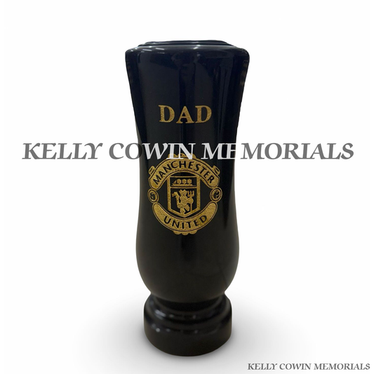 Front view of black granite vase with Dad inscription and Manchester United crest