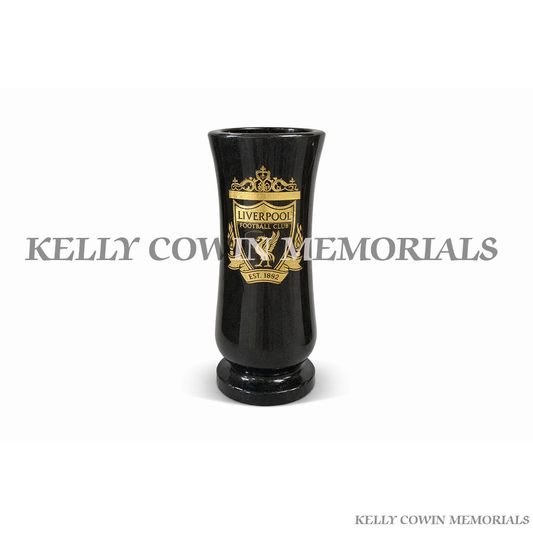 Black granite Liverpool football memorial vase with engraved crest for grave flowers in Ireland