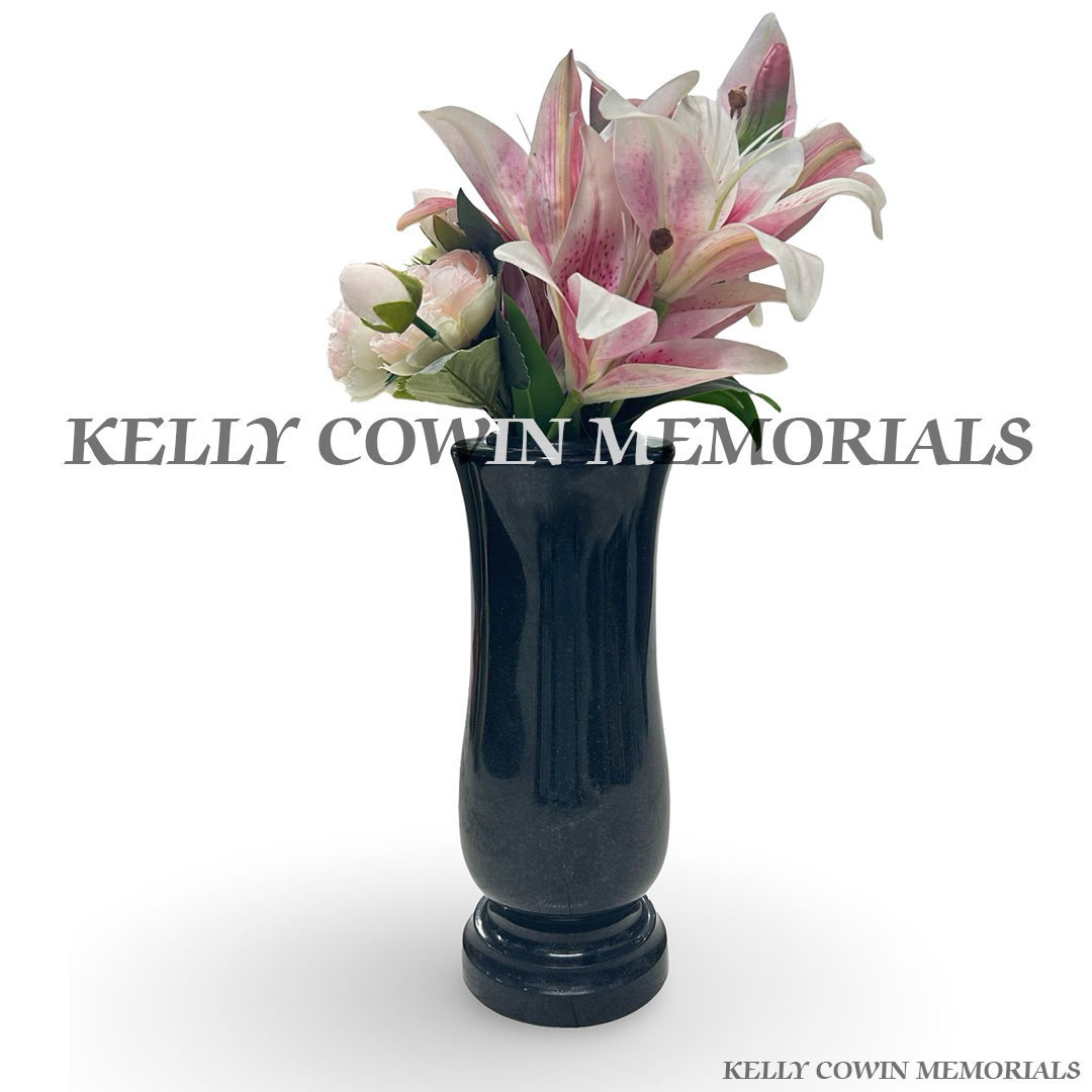 Front view of black granite tall memorial vase