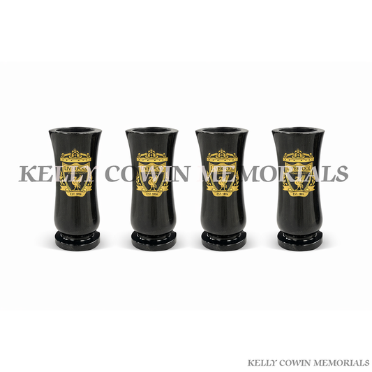 Black granite Liverpool football memorial vase with gold crest for grave flowers – Kelly Cowin Memorials Dublin Ireland