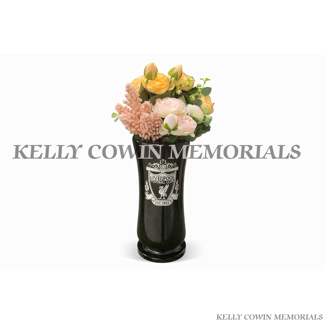 Black granite memorial plaque with silver engraved crest and personalised inscription Ireland
