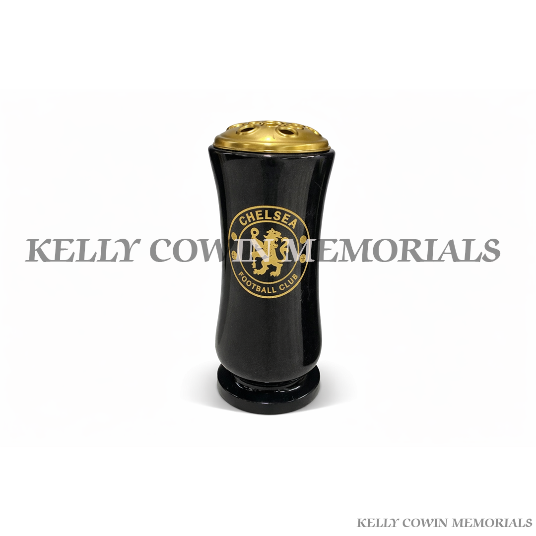 Black granite football memorial vase for grave flowers with polished finish in Ireland