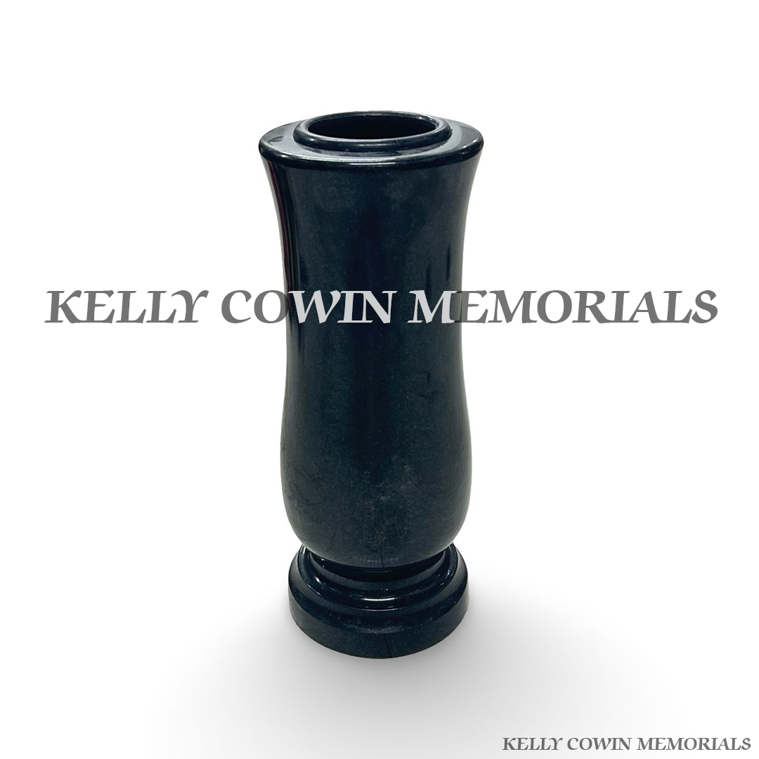 Front view of black granite tall memorial vase