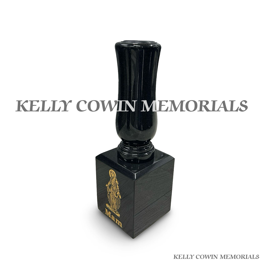 Side view of black granite vase and block memorial with gold detailing