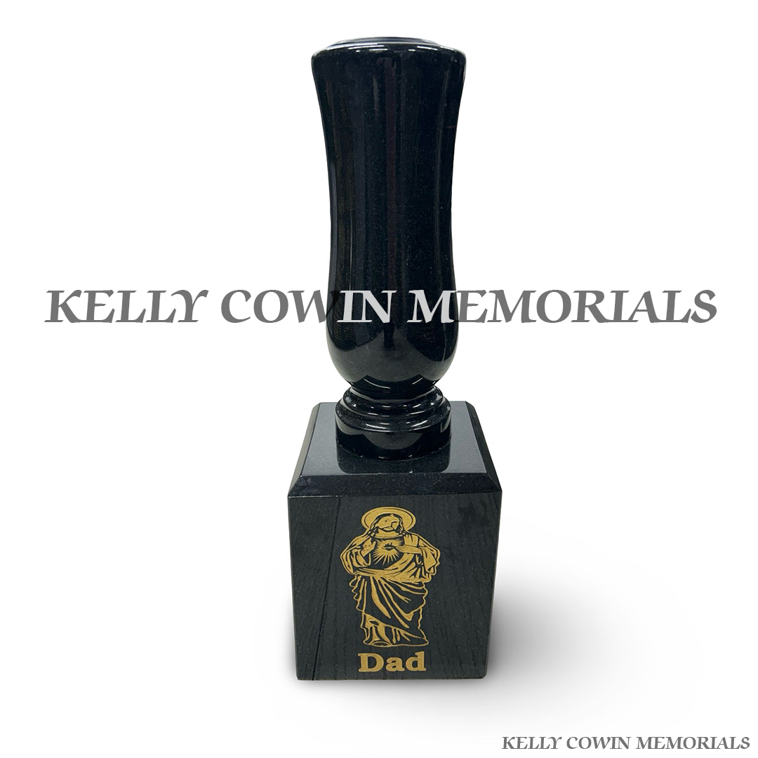 Front view of black granite vase on block with Dad inscription and Sacred Heart image