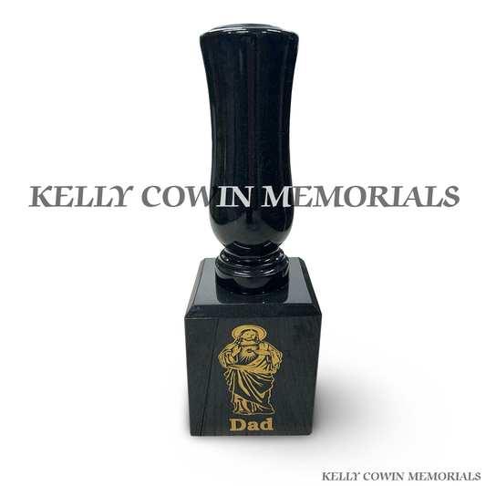 Front view of black granite vase on block with Dad inscription and Sacred Heart image