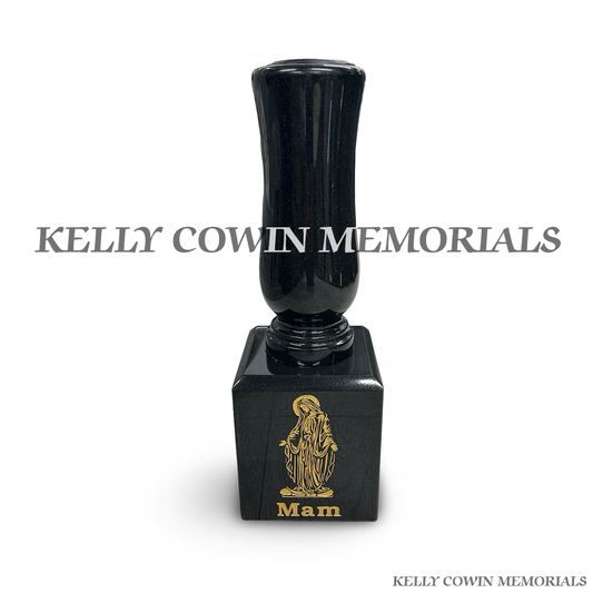 Front view of black granite vase on block with Mam inscription and Our Lady engraving