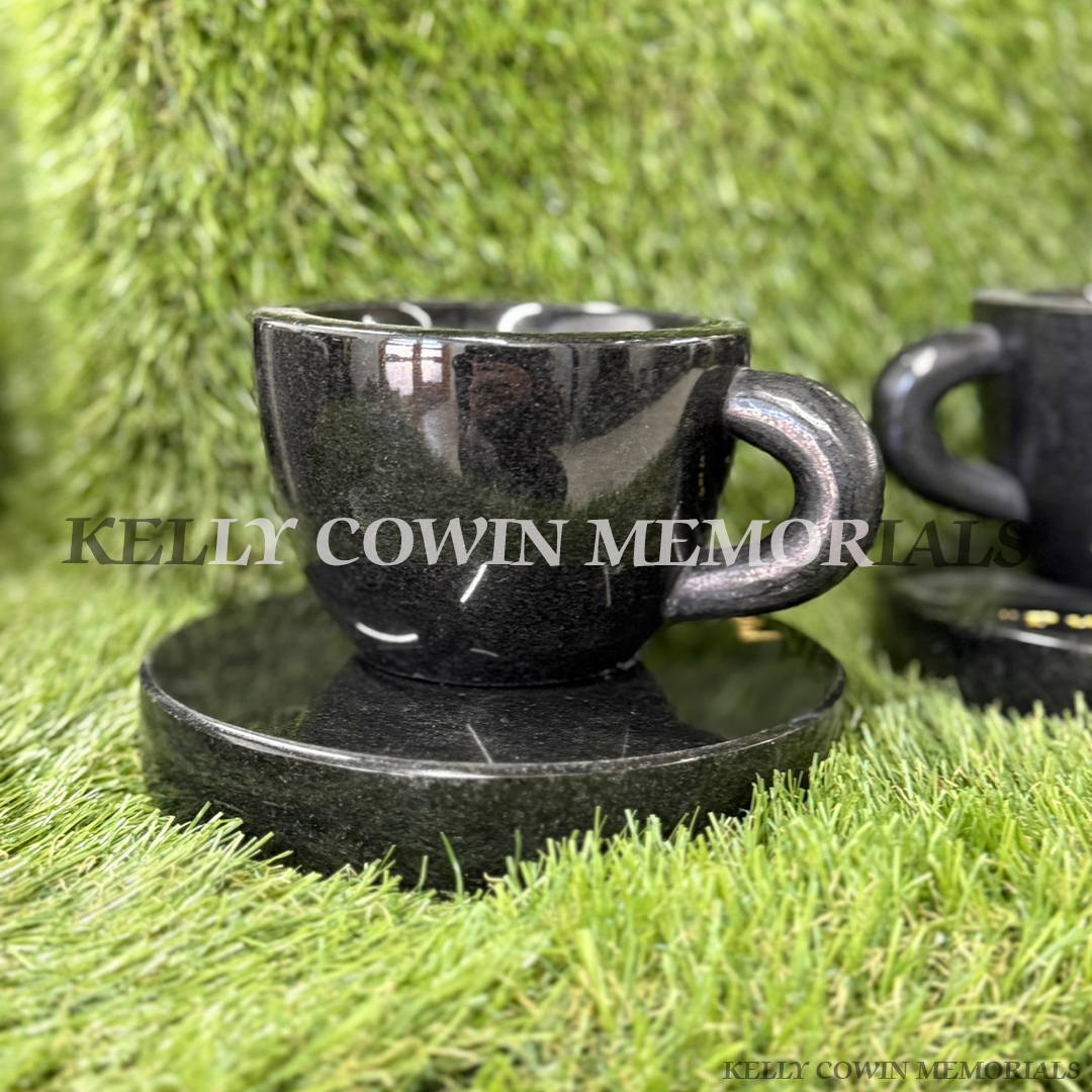 Black granite cup of tea grave accessory with personalised engraving for memorials in Dublin and nationwide Ireland