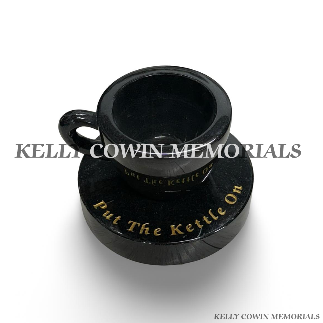 Personalised black granite cup of tea memorial on polished round plinth by Kelly Cowin Memorials
