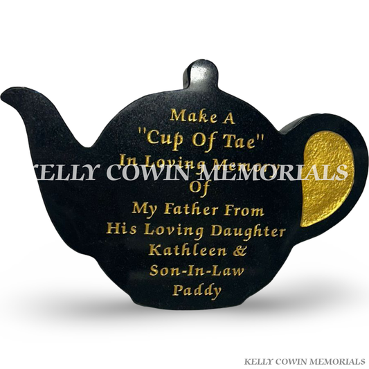 Teapot shaped granite memorial plaque with gold lettering