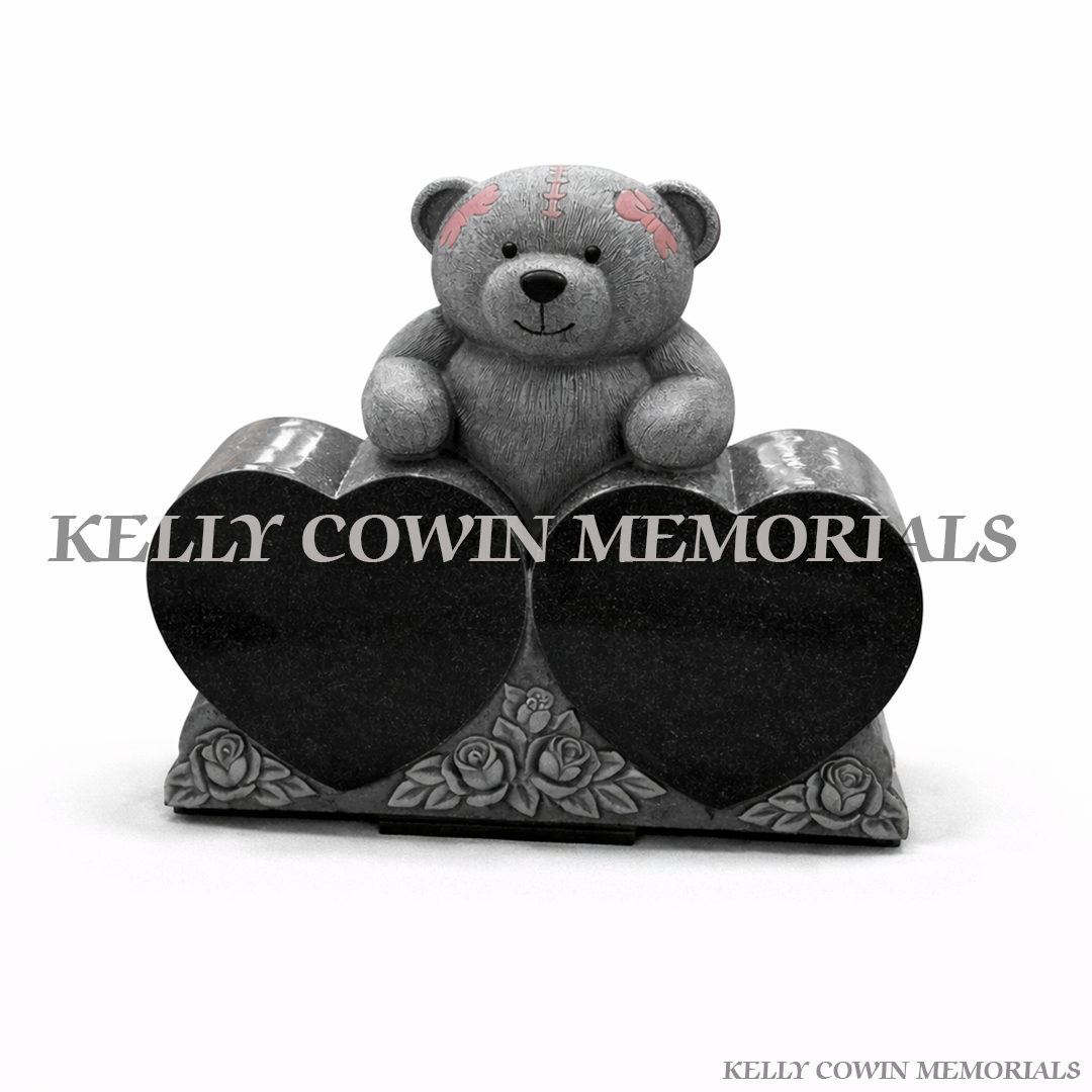 Black granite teddy bear holding double heart children’s memorial grave ornament Ireland