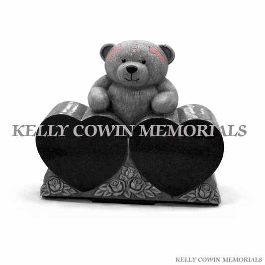 Black granite teddy bear holding double heart children’s memorial grave ornament Ireland
