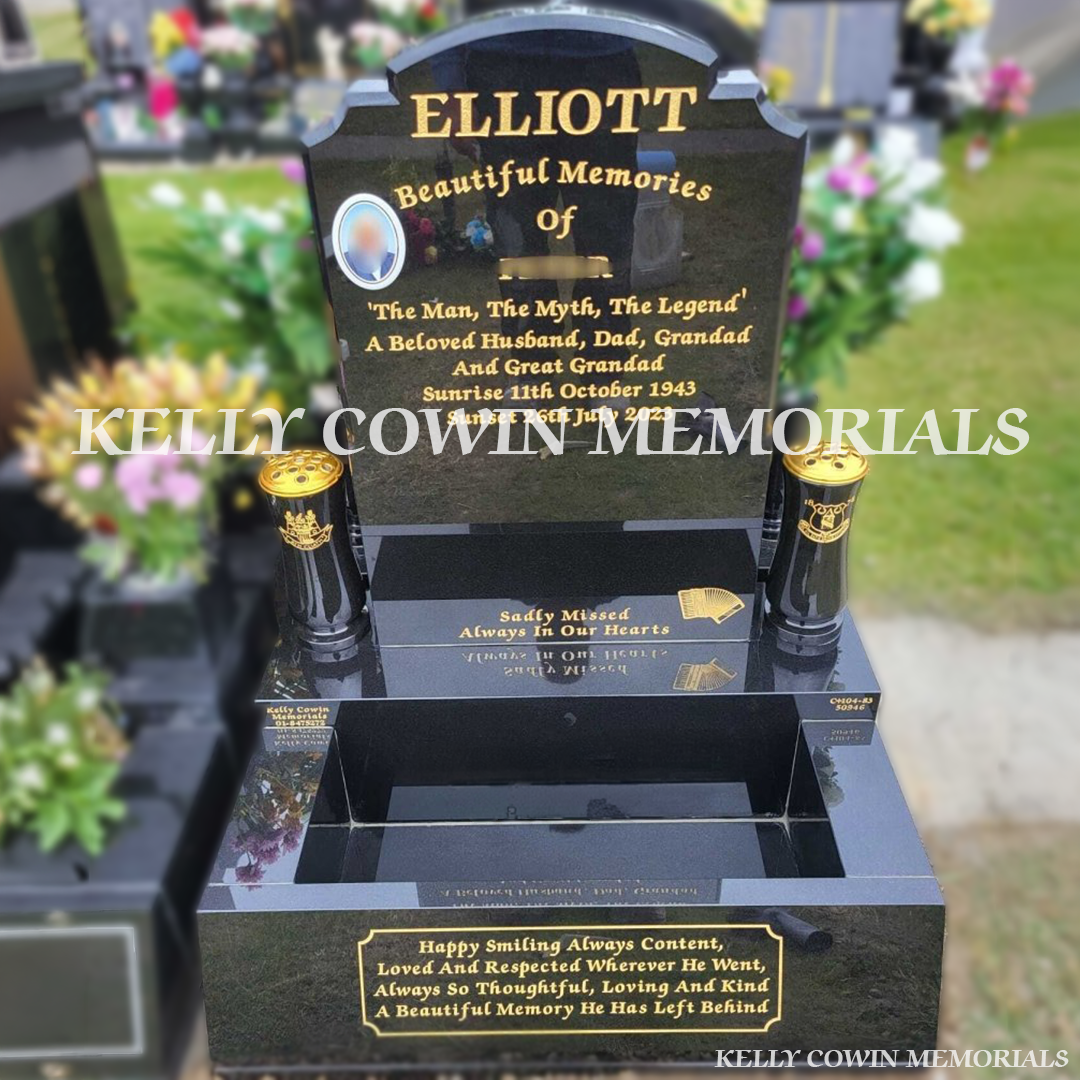 Front view of black granite Top Nine headstone with gold inscription in Mount Jerome Cemetery