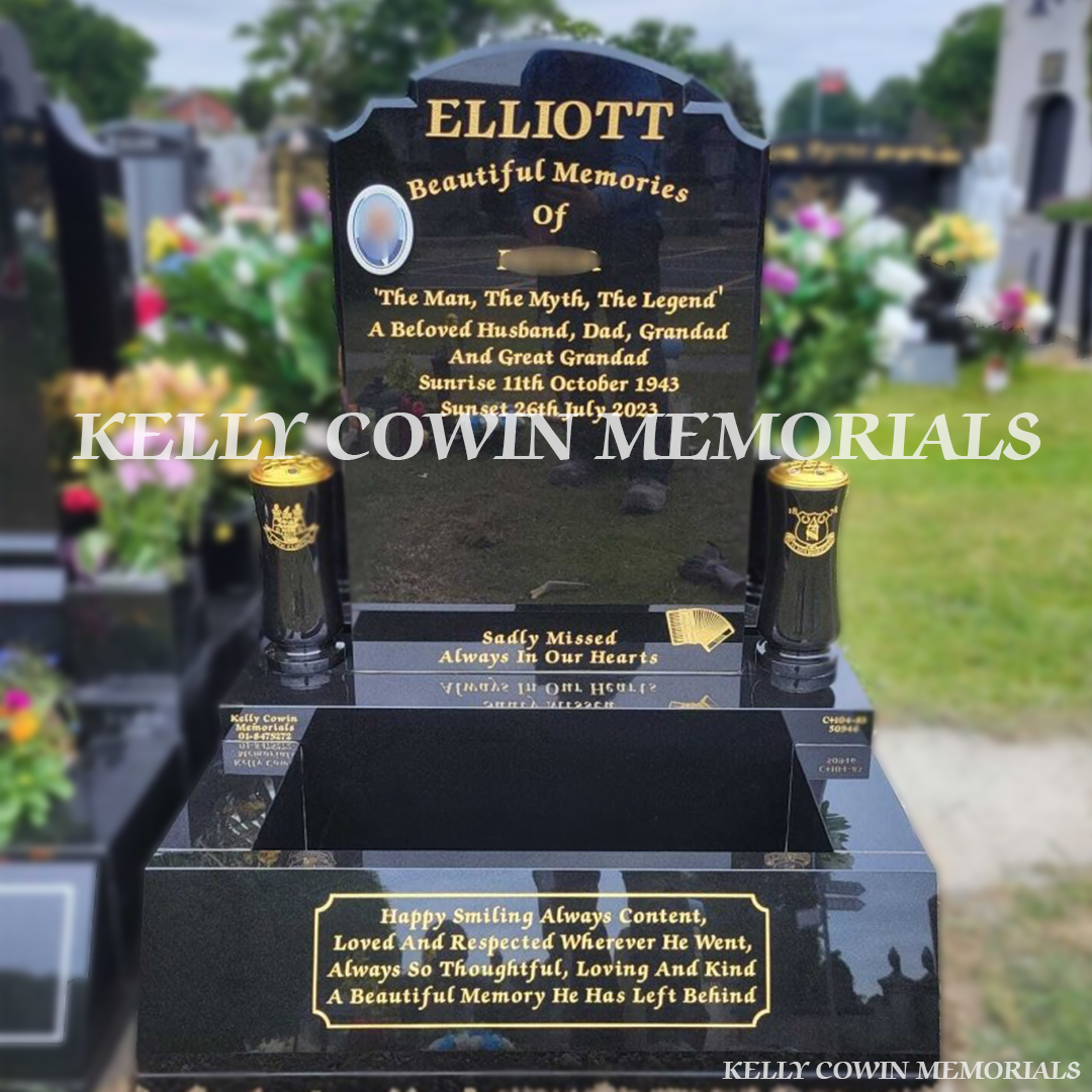 Front view of black granite Top Nine headstone with gold inscription in Mount Jerome Cemetery