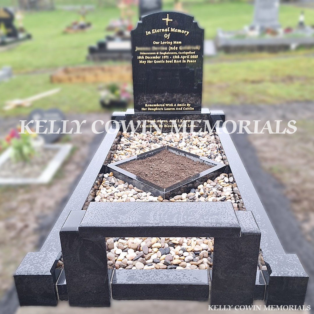 Front view of black granite Top Nine headstone with gold leaf inscription in Castelpollard Cemetery