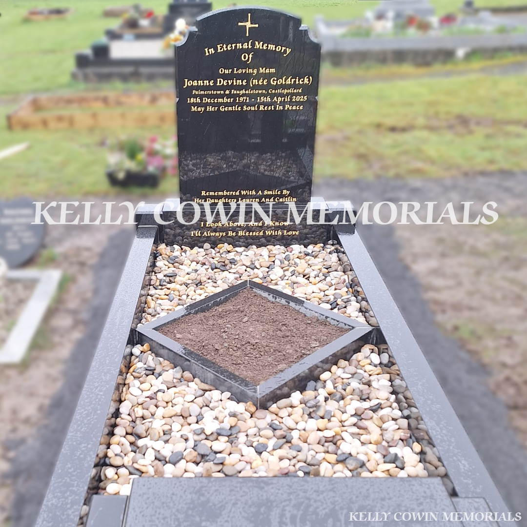 Close-up of 23.5ct gold leaf lettering on black granite headstone