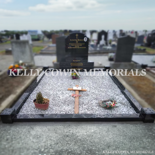 Black granite Top Nine headstone with gold inscription erected in Fingal Cemetery Dublin by Kelly Cowin Memorials
