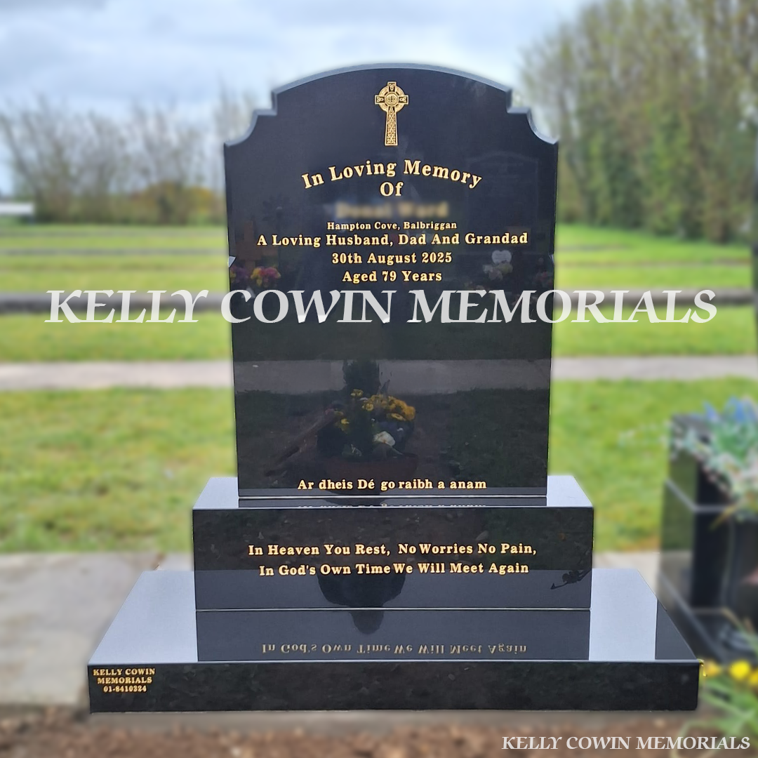 Front view of black granite Top Nine headstone with gold inscription in Flemington Cemetery