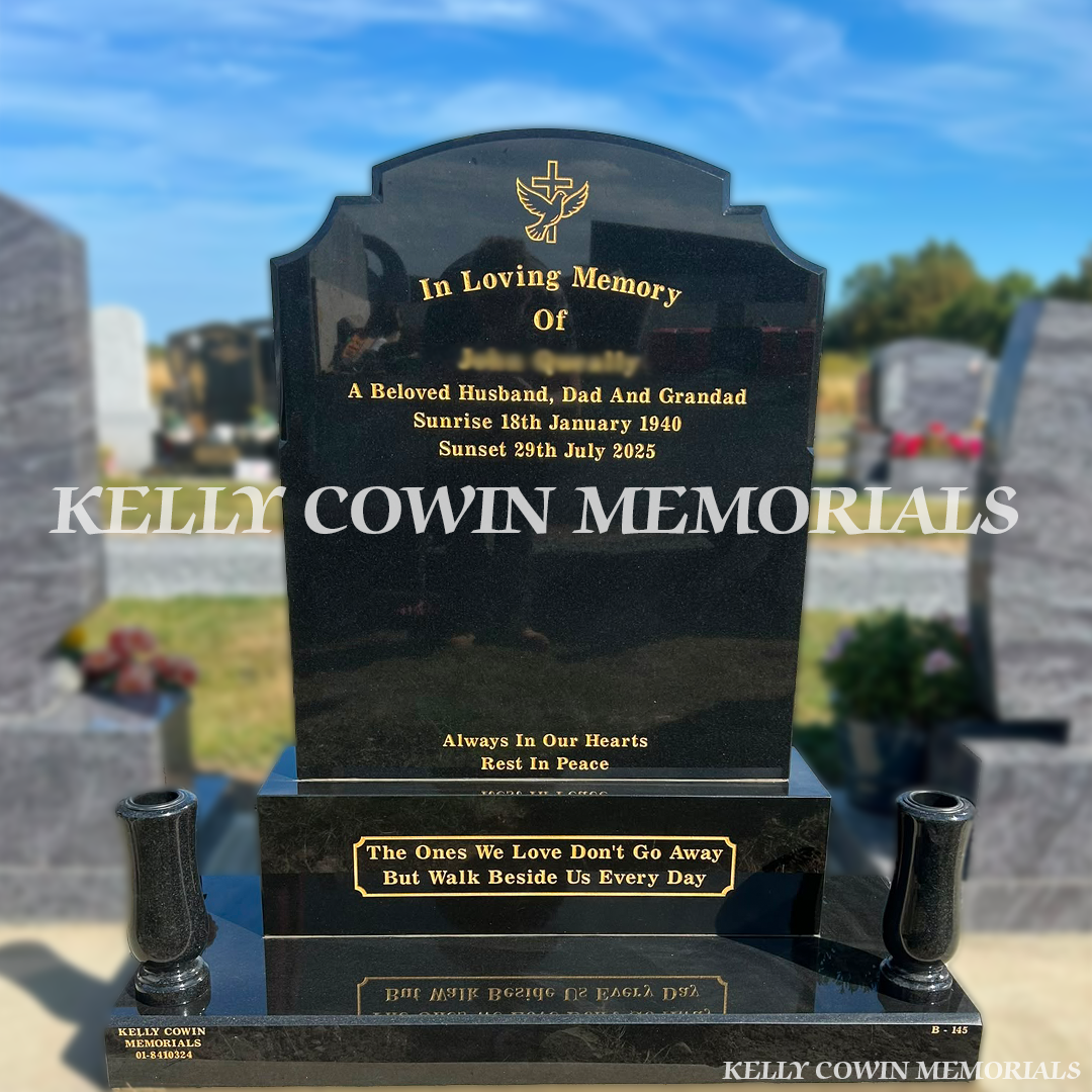 Black polished granite Top Nine headstone with base, plinth and 23.5ct gold leaf inscription installed in Dardistown Cemetery Dublin by Kelly Cowin Memorials.