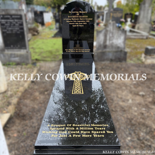 Black granite Top Nine headstone with gold inscription, Celtic cross engraving, matching granite base, full polished grave covering slab and kerbing, erected in Glasnevin Cemetery, Dublin, by Kelly Cowin Memorials.
