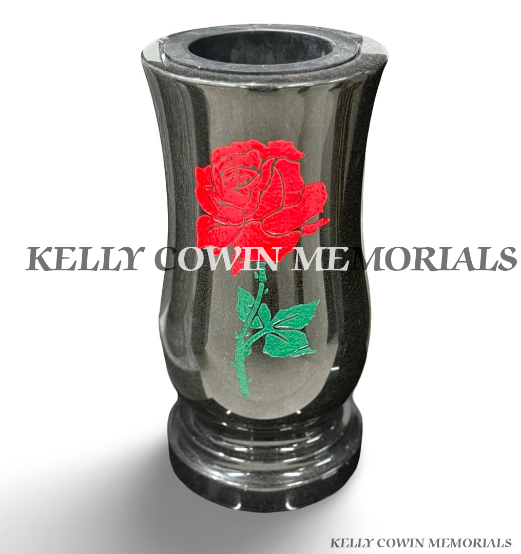 Large polished black granite memorial flower vase with hand-painted red rose and green stem design by Kelly Cowin Memorials.