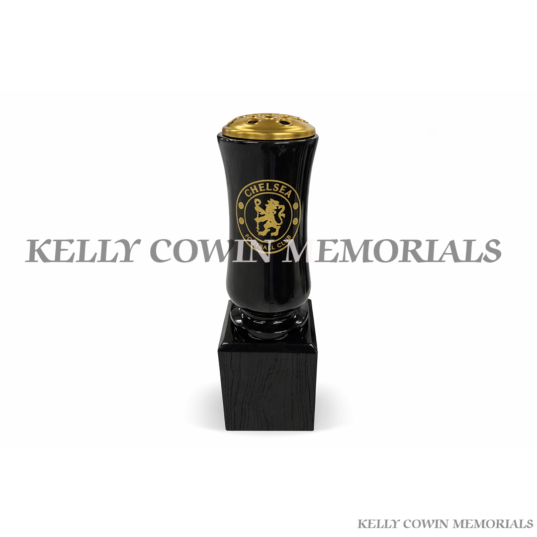 Black granite Chelsea football memorial vase on block base with gold flower insert lid and personalised engraving option