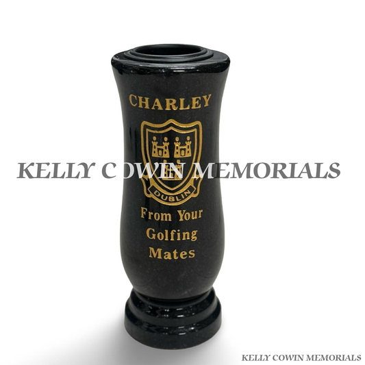 Black polished granite tall memorial flower vase with personalised gold inscription, custom Dublin crest and decorative curved design.