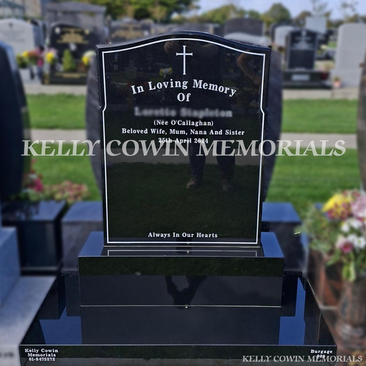 Black Granite OG headstone on base and plinth with silver inscription installed in Balgriffin Cemetery. Serving Dublin and families nationwide across Ireland
