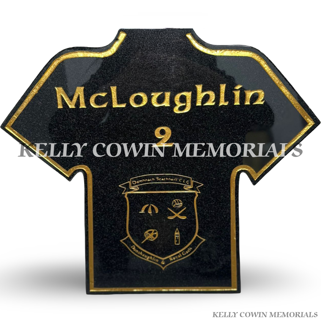 GAA jersey shaped granite memorial plaque with gold lettering