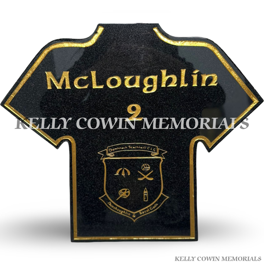 GAA jersey shaped granite memorial plaque with gold lettering
