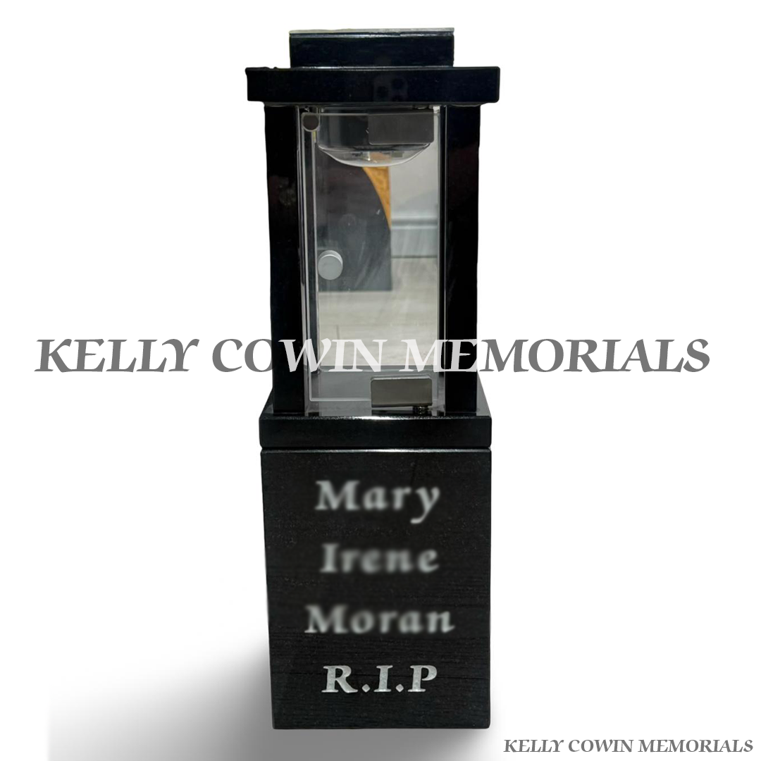 Black granite solar memorial grave lantern on personalised block with silver engraved wording by Kelly Cowin Memorials Dublin Ireland