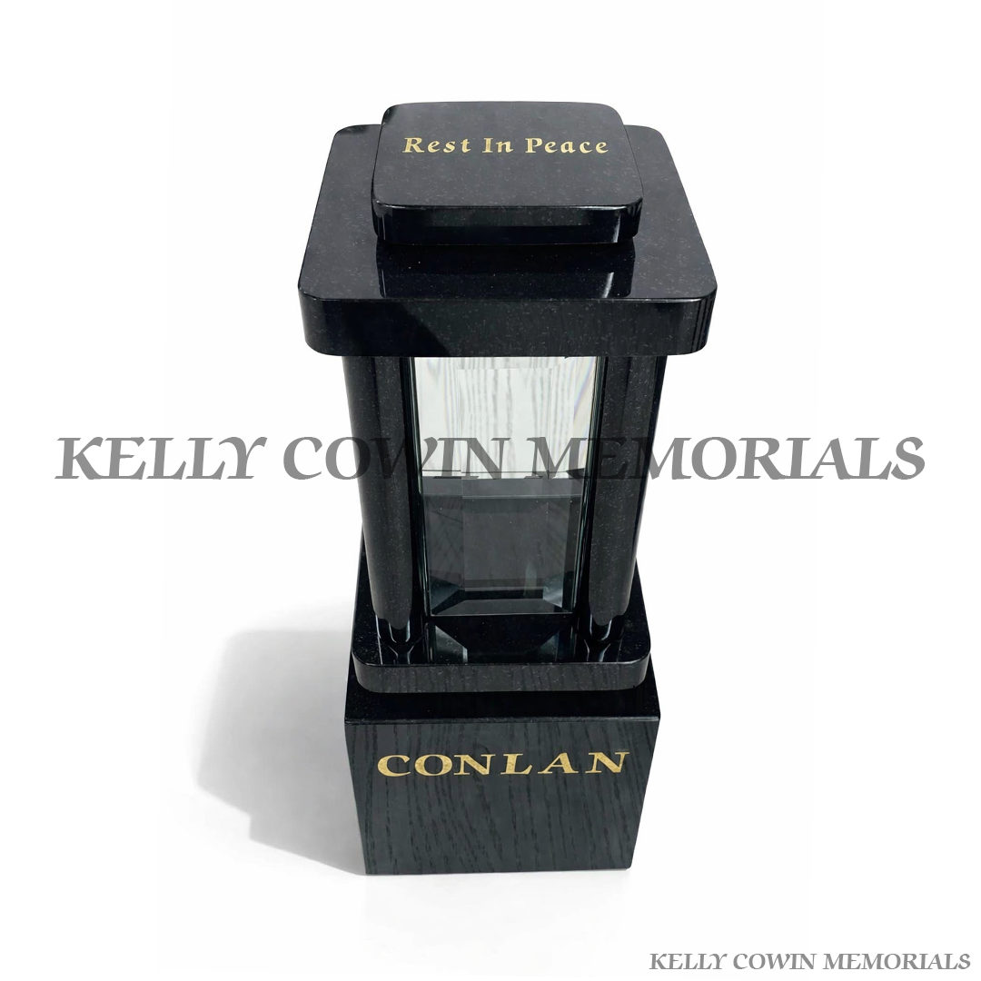 Black memorial lantern with 'Rest In Peace' and 'Conlan' engraved, branded with Kelly Cowin Memorials.