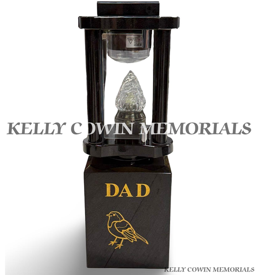 Black granite solar memorial lantern on personalised block with Dad gold inscription and engraved robin design.