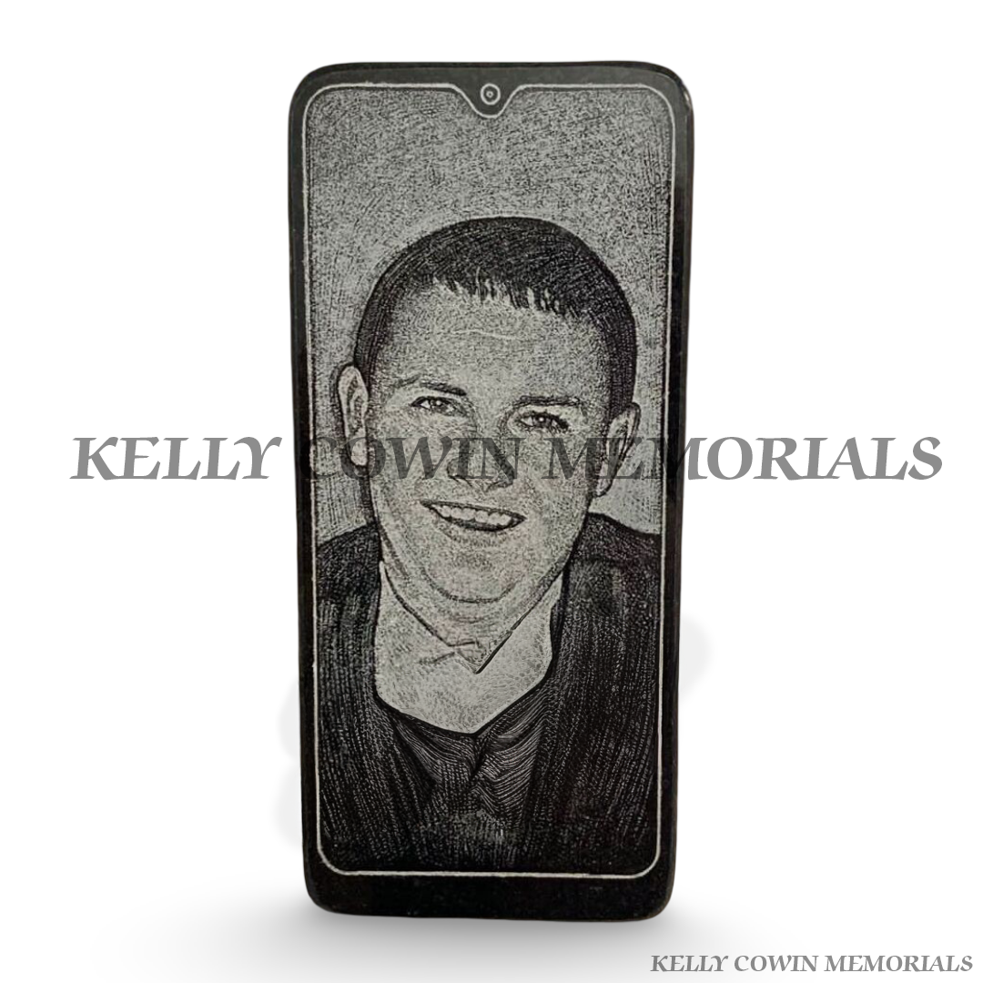 Black granite smartphone memorial plaque with etched portrait front view